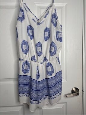 a'gaci White & Blue Printed Spaghetti-Strap Romper